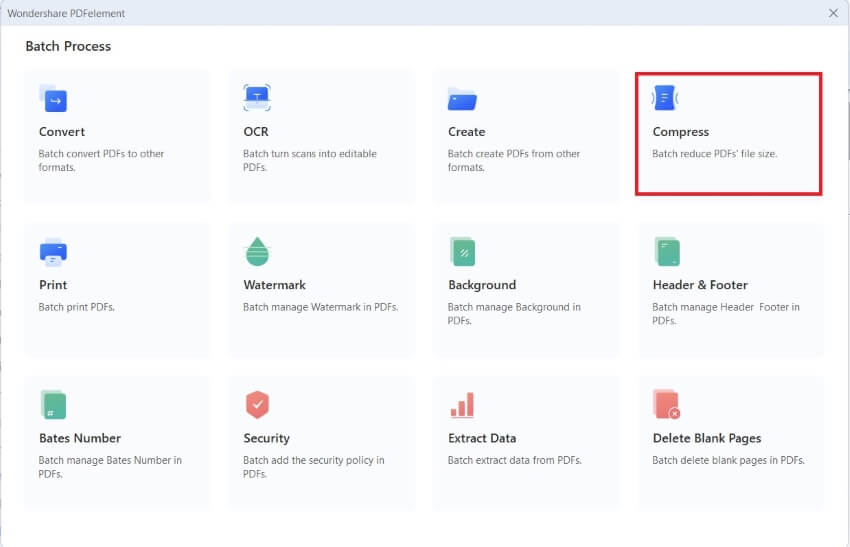 wondershare pdfelement batch process compress tool