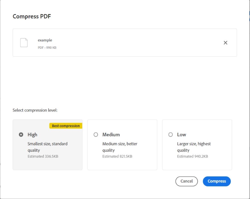 selecting compression level on acrobat online