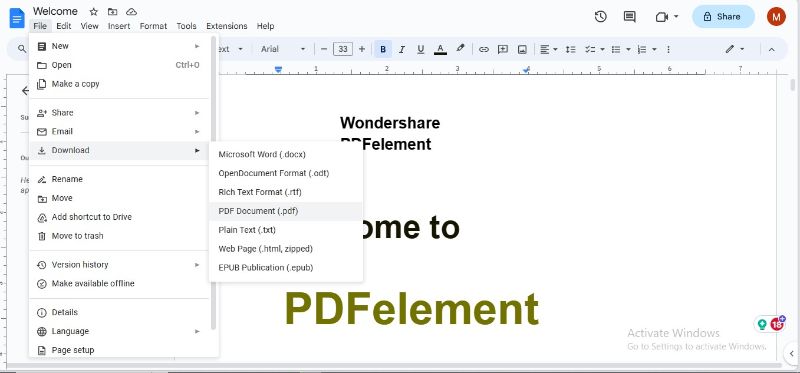 google docs to pdf via drive