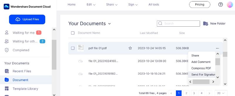 send for signatures option in document cloud