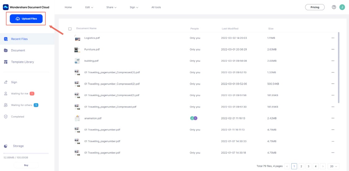 wondershare document cloud upload files