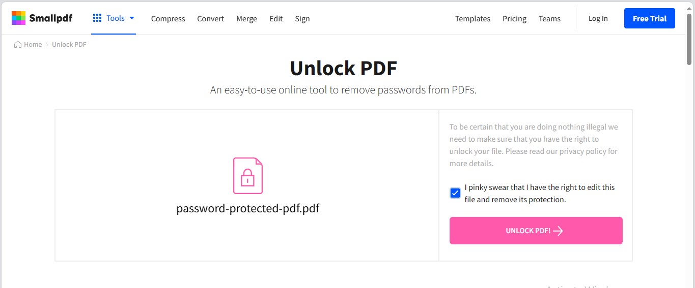 click unlock pdf Smallpdf