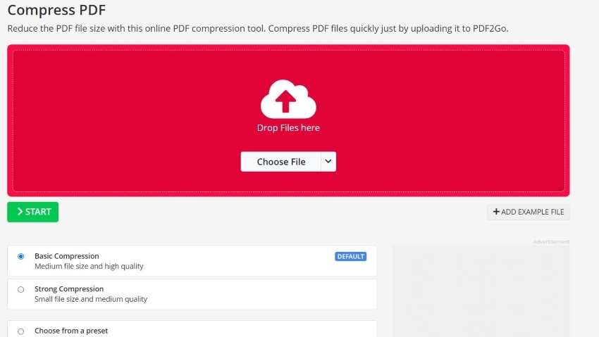 compress pdf tool interface on pdf2go