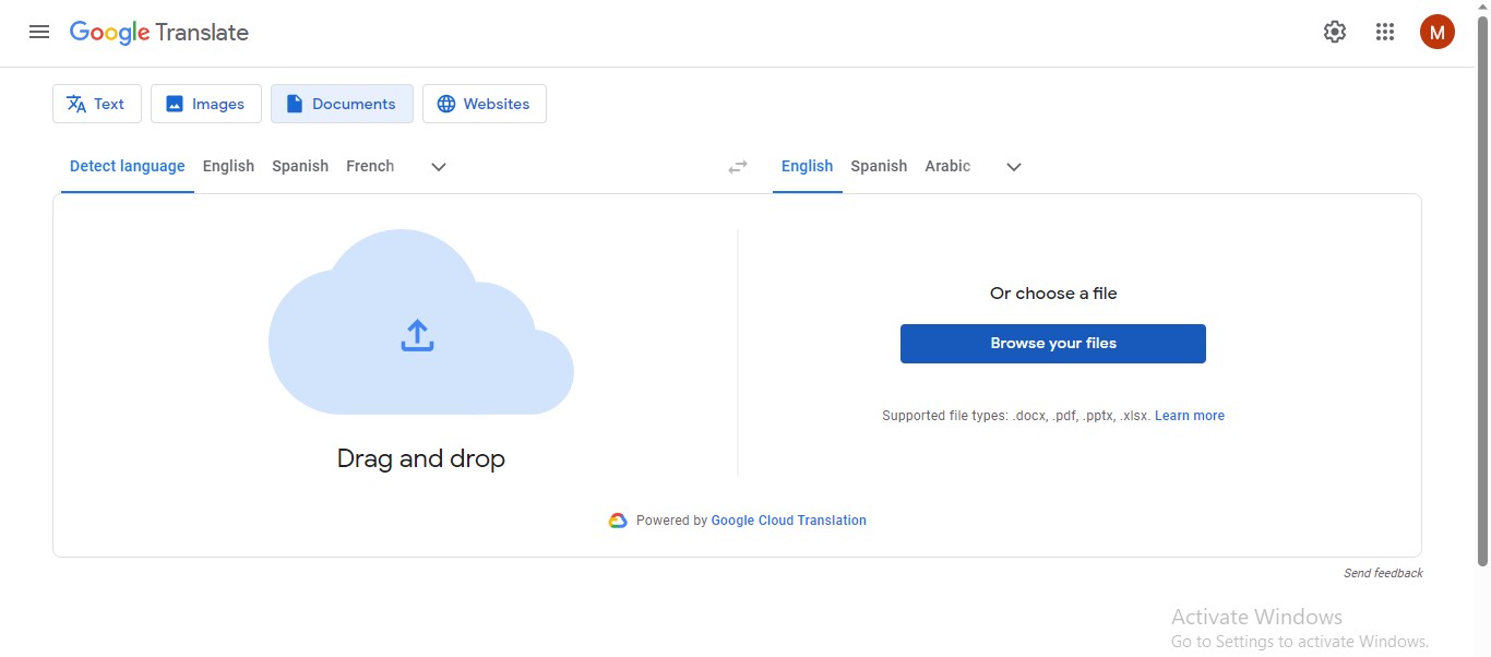 Google translate shop online document