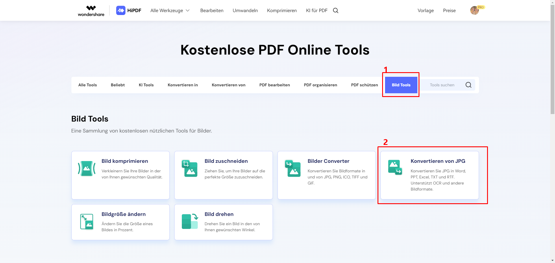 Rufen Sie die HiPDF Online-Webseite auf. Auf der Homepage von HiPDF finden Sie "Konvertieren von JPG" auf der Registerkarte Bild-Tools. Klicken Sie darauf, um ein neues Projekt zu starten.