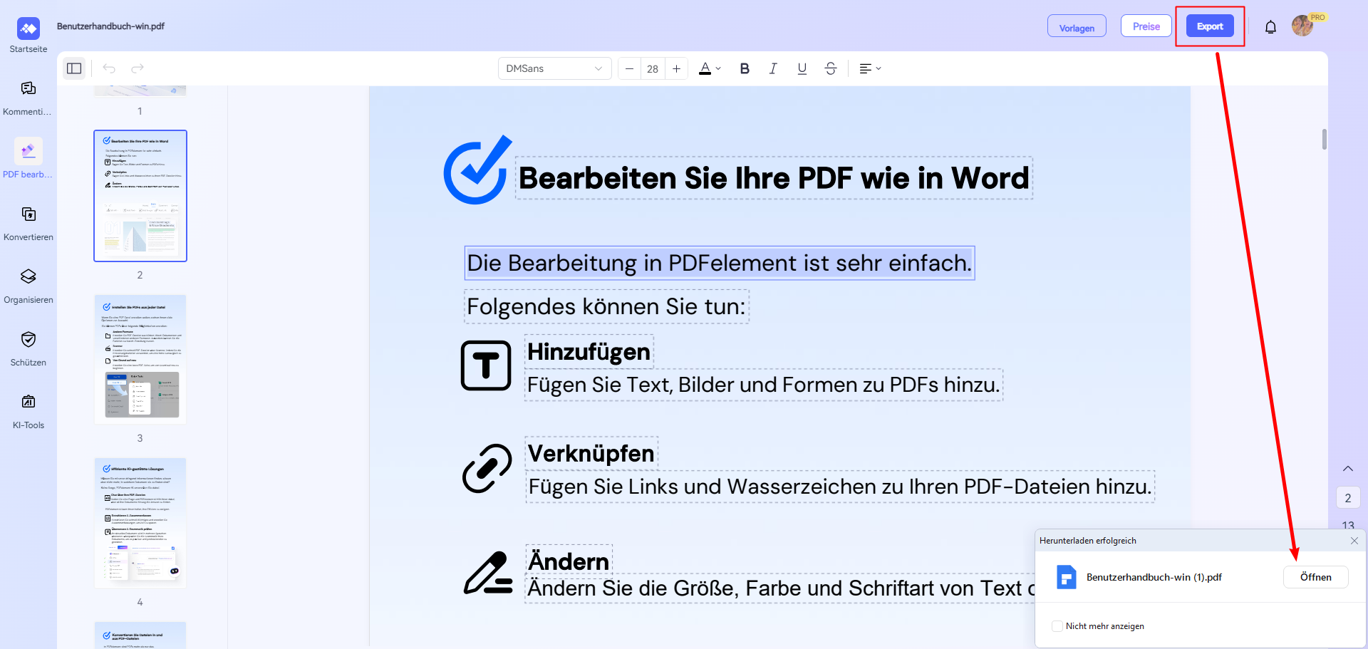 Sobald Sie fertig sind, klicken Sie auf die Schaltfläche "Export", um die aktualisierte PDF-Datei auf Ihrem Mac zu speichern.