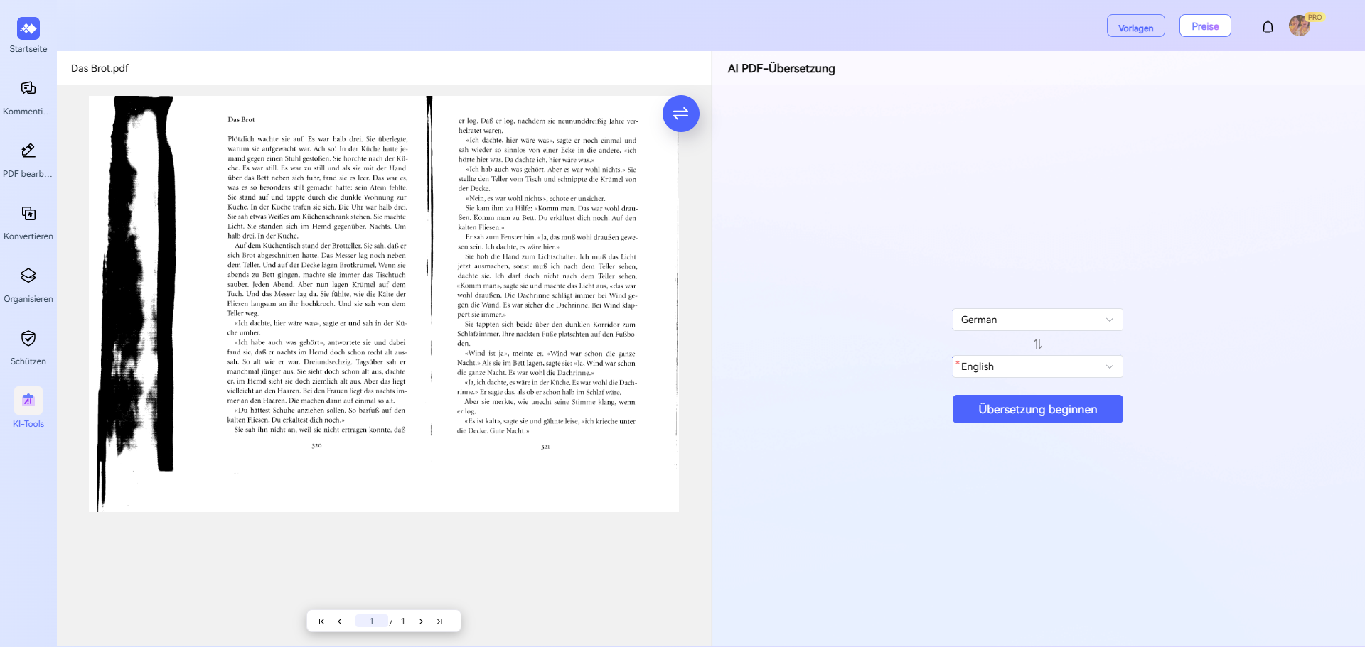 Nachdem Sie die Ausgangs- und Zielsprache des Dokuments ausgewählt haben, klicken Sie auf „Übersetzung beginnen“.