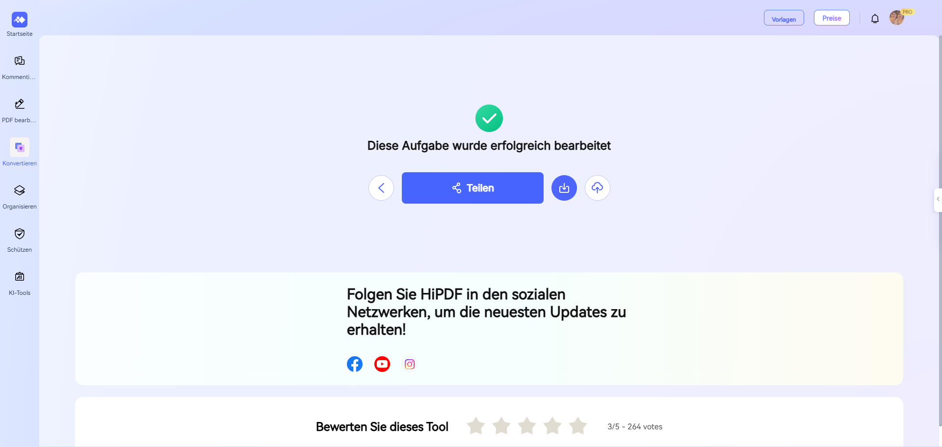 Nachdem HiPDF die Excel-Datei in eine PDF-Datei konvertiert hat, klicken Sie auf „Herunterladen“.