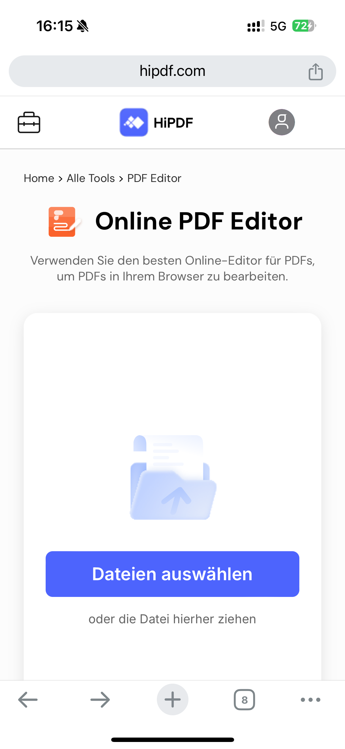 Laden Sie dazu eine Datei in das Online-"PDF teilen"-Portal von HiPDF hoch. Geben Sie dann auf den folgenden Prompts an, welche Seiten Sie zusammenfügen möchten.