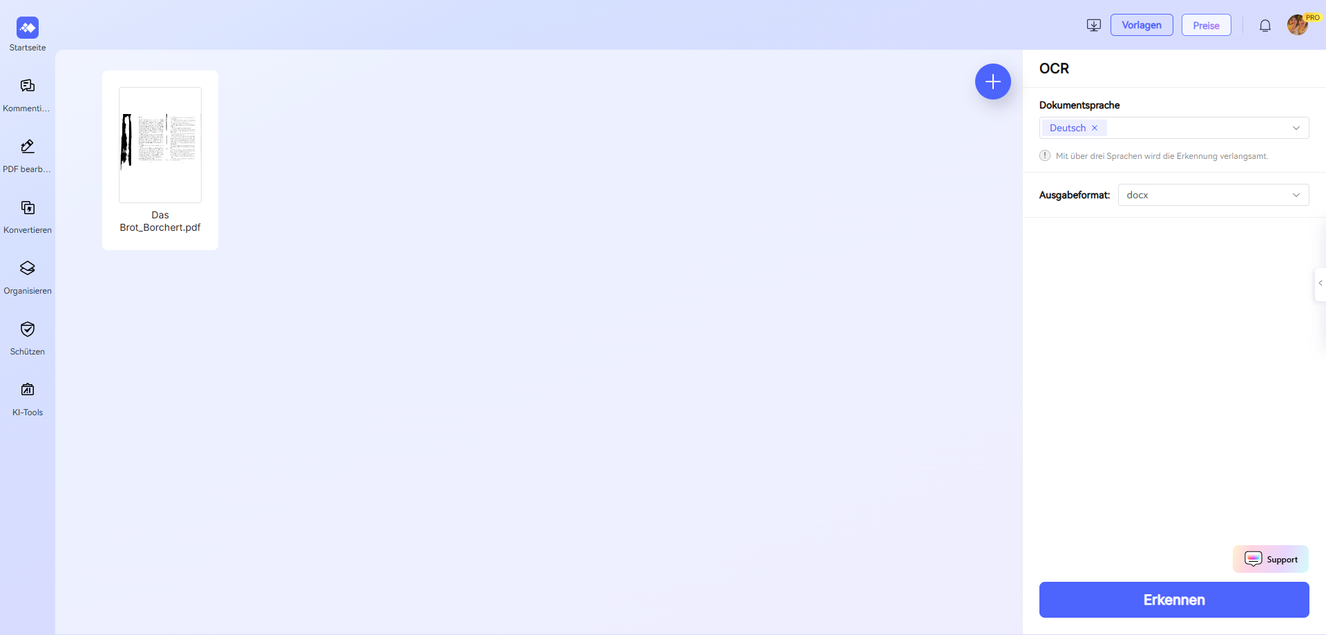Klicken Sie auf „Erkennen“ und HiPDF scannt die hochgeladene PDF-Datei in bearbeitbaren Text, sodass der Text begradigt wird.