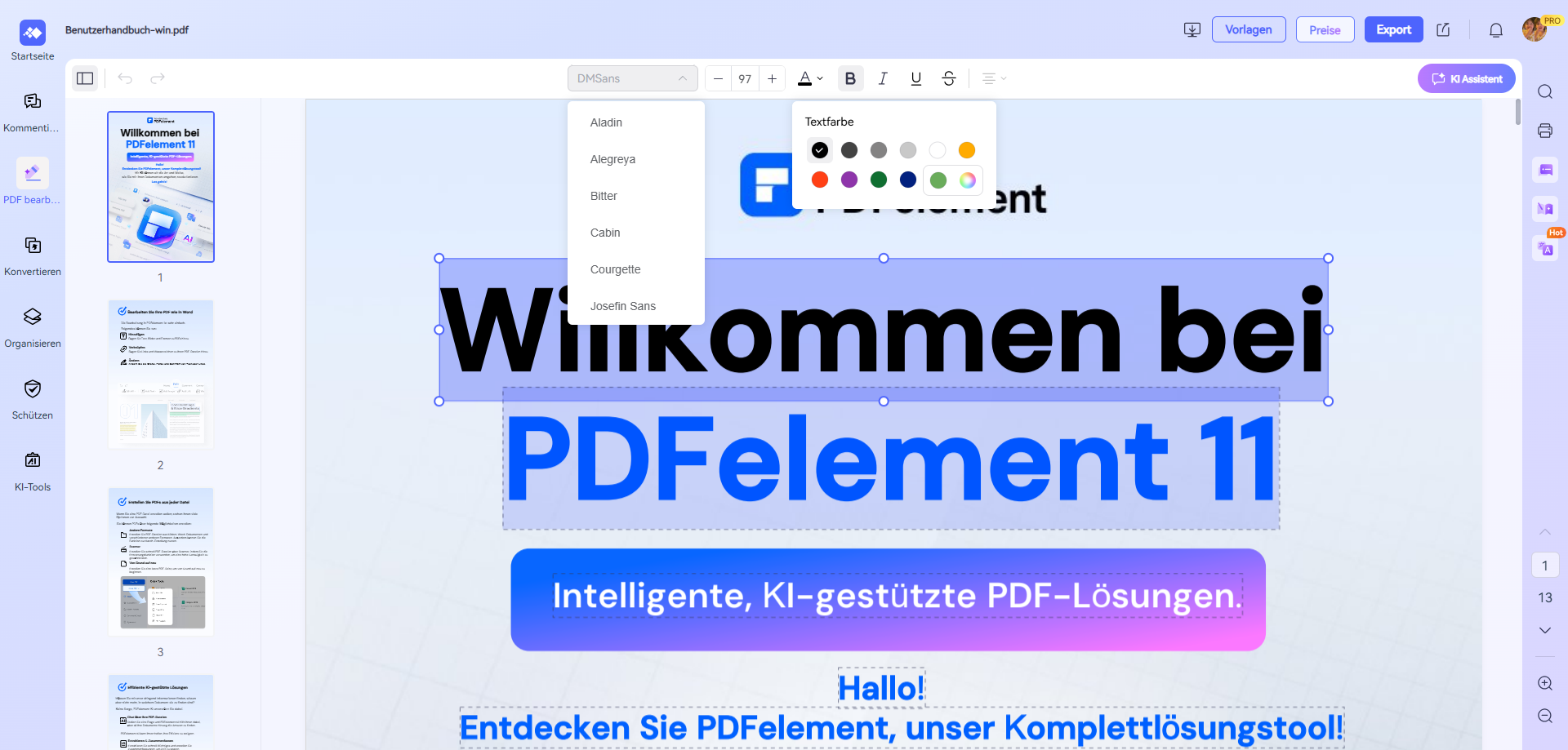 Nachdem Sie Ihre PDF-Datei hochgeladen haben, sehen Sie die Bearbeitungsschnittstelle.