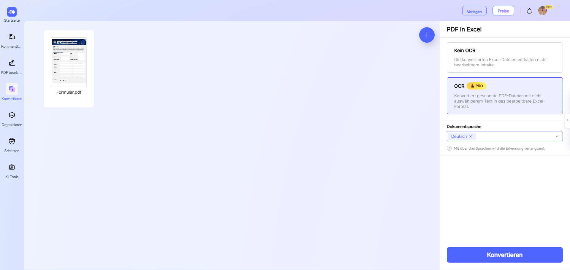 Nach dem Hochladen von Ihrer PDF-Datei klicken Sie auf "Konvertieren".