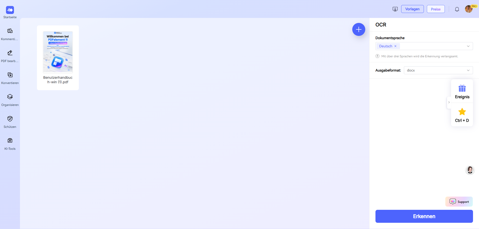 Wählen Sie die Dateisprache und das Ausgabedokumentformat aus und klicken Sie dann auf „Erkennen“.