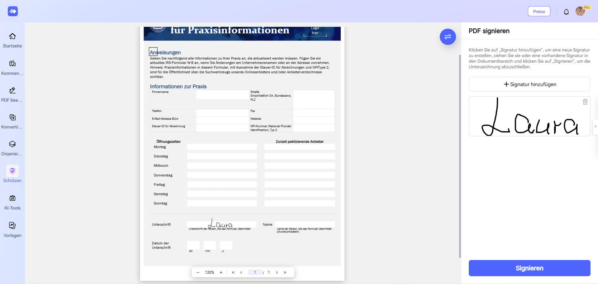 Klicken Sie auf „Hinzufügen“ und verschieben Sie die Signatur an die gewünschte Stelle in der Datei. Klicken Sie abschließend unten rechts auf „Signieren“, um die Datei zu speichern.