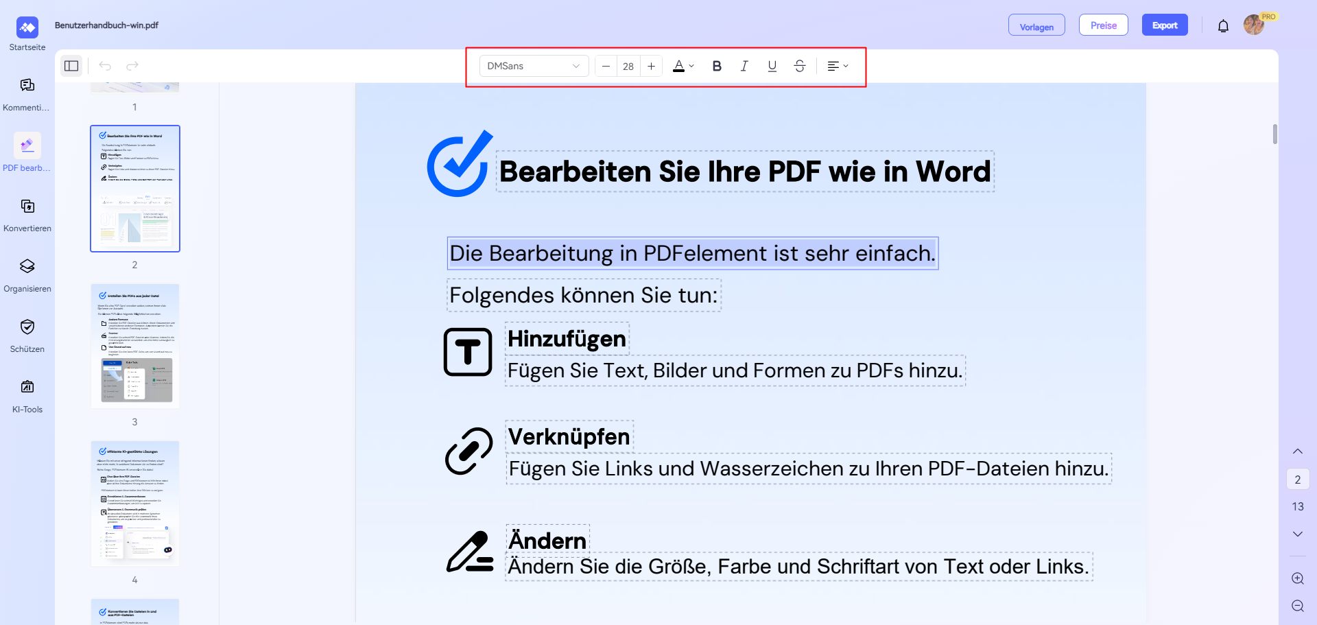 Klicken Sie auf den Textabschnitt, den Sie bearbeiten möchten. Dadurch wird das Textfeld aktiviert und die Bearbeitungsoptionen angezeigt. Ändern Sie die Schriftgröße nach Ihren Wünschen. Sie können auch andere Textattribute wie Schriftart und Farbe anpassen, falls gewünscht.