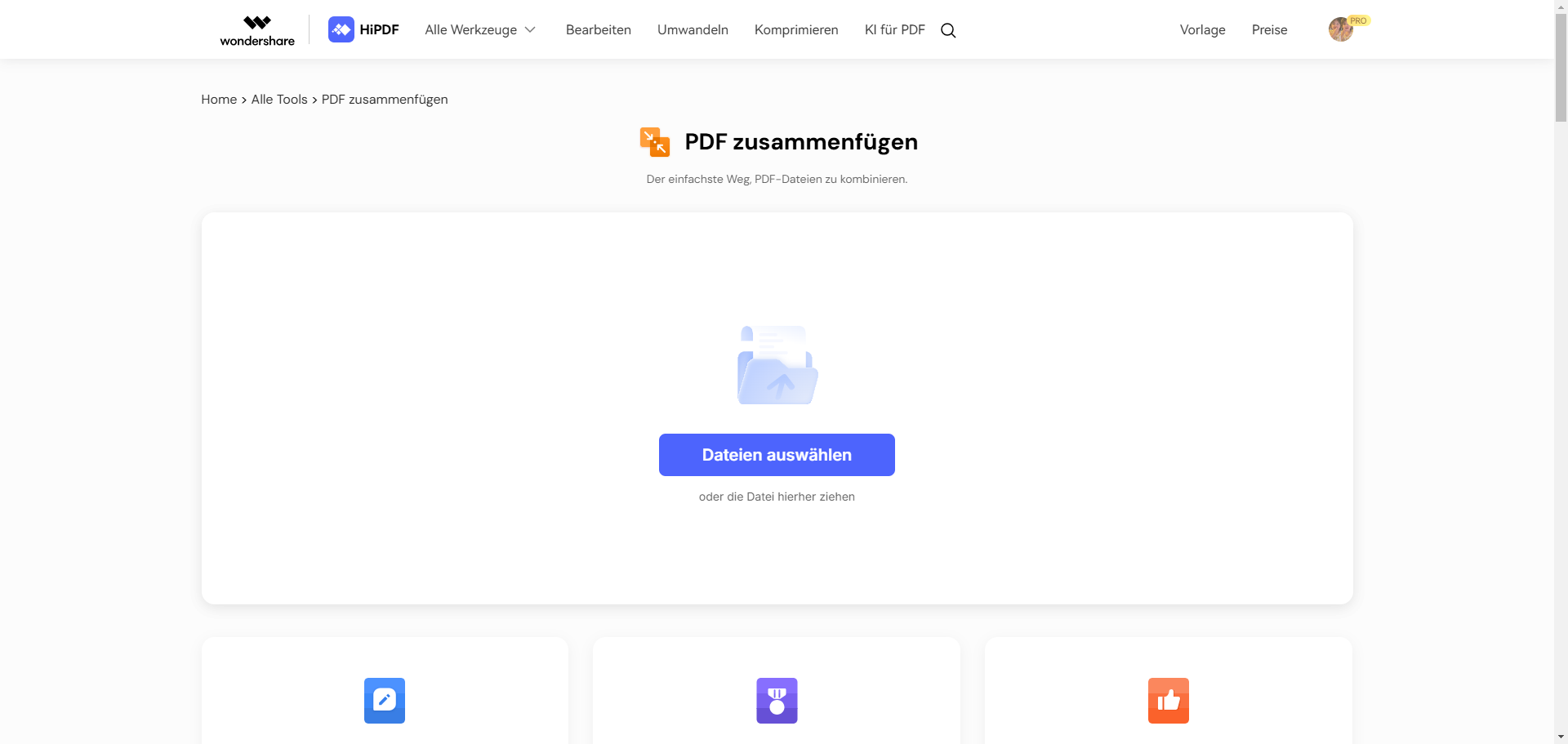 Öffnen Sie das Online-PDF-Zusammenführungstool HiPDF, laden Sie die gerade konvertierten PDF-Dateien gleichzeitig hoch und klicken Sie auf „Zusammenführen“ > „Speichern“.