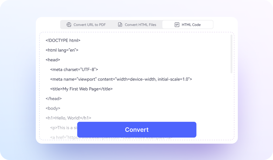 Pegar código HTML, URL o subir archivo HTML